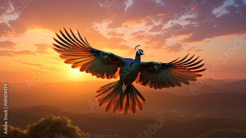A peacock in flight, soaring against a backdrop of a golden sunset sky © MAY