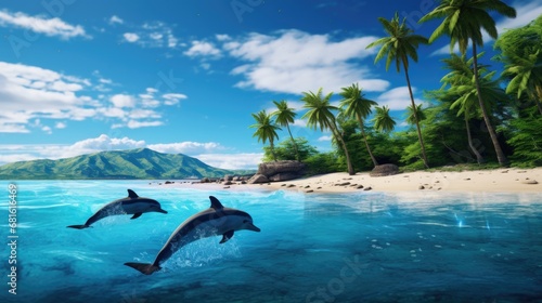 A pod of dolphins off the coast of a tropical island © MAY