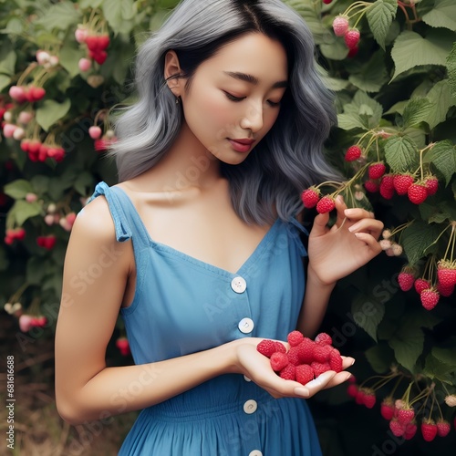 a woman harvests raspberries, generated with AI