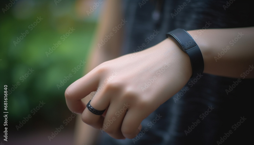 Young woman holding smart phone and wristwatch, focusing on foreground generated by AI