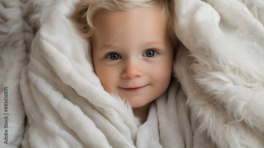 Cute baby in a cozy blanket photo, sleeping, Generative AI Cute baby in a cozy blanket photo, sleeping, Generative AI