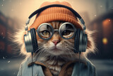 Cat as a teenager wearing headphones and round glasses