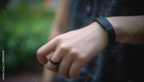 Young woman holding smart phone and wristwatch  focusing on foreground generated by AI