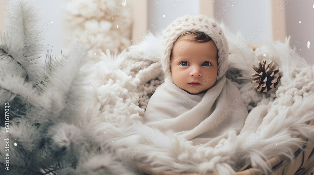 Cute baby in a cozy blanket photo, sleeping, Generative AI Cute baby in a cozy blanket photo, sleeping, Generative AI