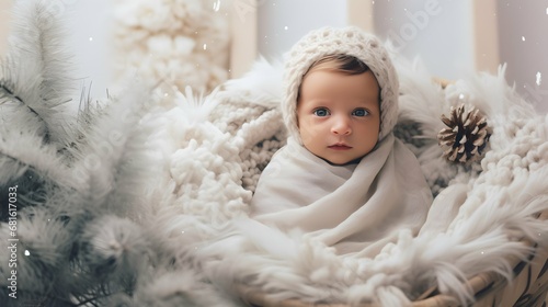 Cute baby in a cozy blanket photo, sleeping, Generative AI