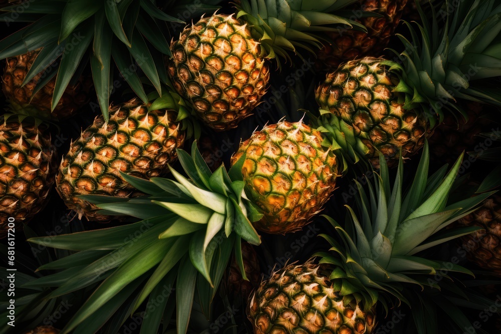 a group of pineapples sitting next to each other on top of a pile of other pineapples in a pile on top of other pineapples. a group of pineapples sitting next to each other on top of a pile of other pineapples in a pile on top of other pineapples.