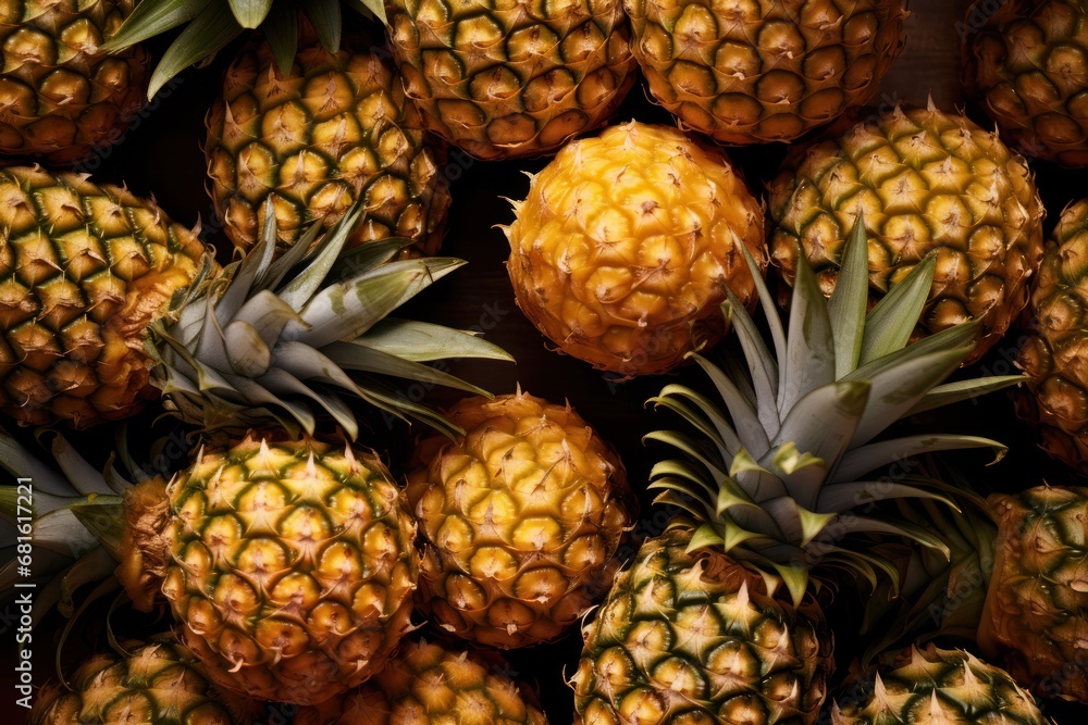 a pile of pineapples sitting next to each other on top of a pile of other pineapples on top of a wooden table next to each other. a pile of pineapples sitting next to each other on top of a pile of other pineapples on top of a wooden table next to each other.