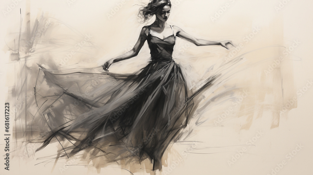 Black charcoal pencil drawing of a young active ballet dancing lady in white background with live performance  - obrazy, fototapety, plakaty 