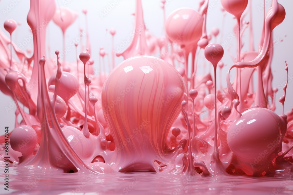 a lot of pink liquid flowing down the side of a white wall and into a pool of water that is full of pink and red liquid that is floating in the air. a lot of pink liquid flowing down the side of a white wall and into a pool of water that is full of pink and red liquid that is floating in the air.