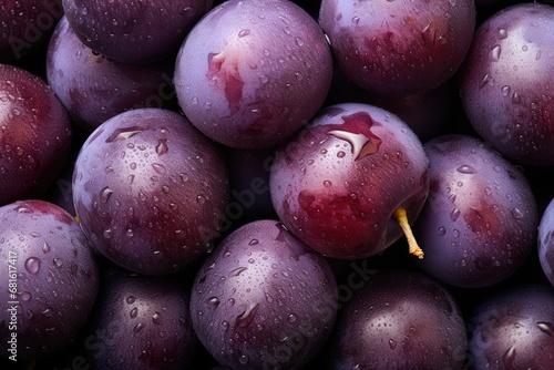  a pile of plums with drops of water on the top of them and a yellow stick sticking out of the middle of the middle of the top of the plums.