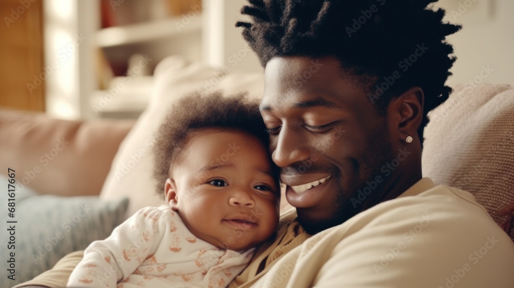 A happy African American dad and baby enjoy a cuddle at home.