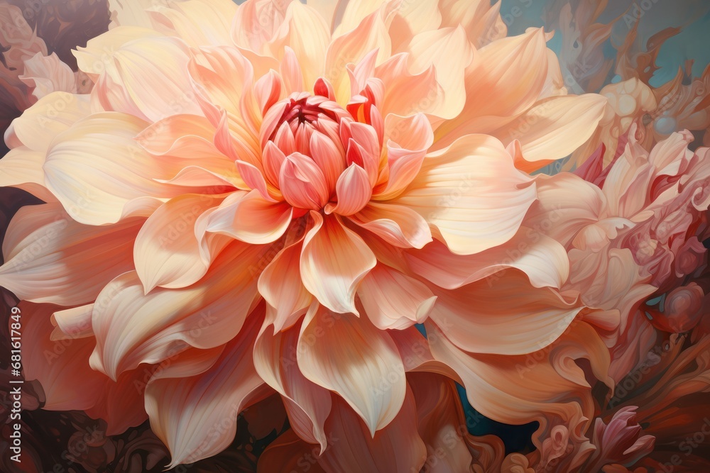 a painting of a large pink flower on a blue and brown background with a red center in the middle of the center of the flower, and the center of the flower in the center of the center. a painting of a large pink flower on a blue and brown background with a red center in the middle of the center of the flower, and the center of the flower in the center of the center.
