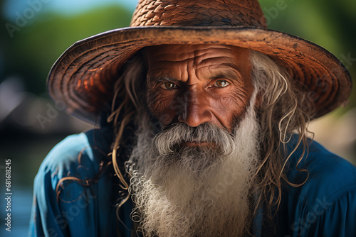 close up photograhy of an old haittian man with strawhat and dark face photo