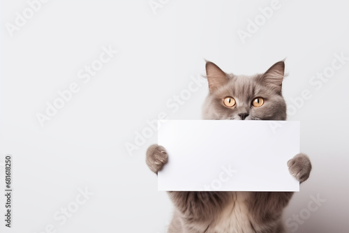 cat holding a blank sign ad space