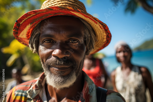 black carribbean man wearing colorful strawhat smiling into camera. 
