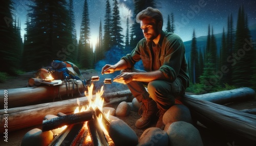 An Adventurous Camper Cooks S'mores Under a Spectacular Starry Sky Amid Towering Pine Trees by a Warm Campfire Glow Generated Image