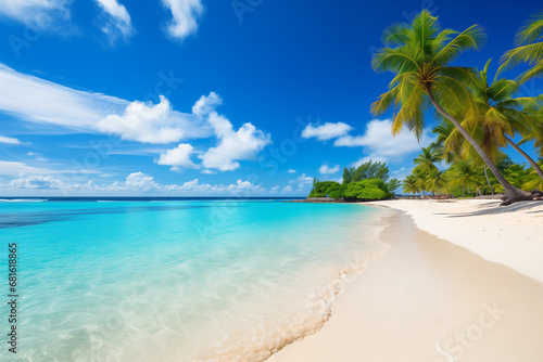 paradise beach with coconut palm trees. wallpaper or background for tourism and travelling ad campaign. © Zenturio Designs