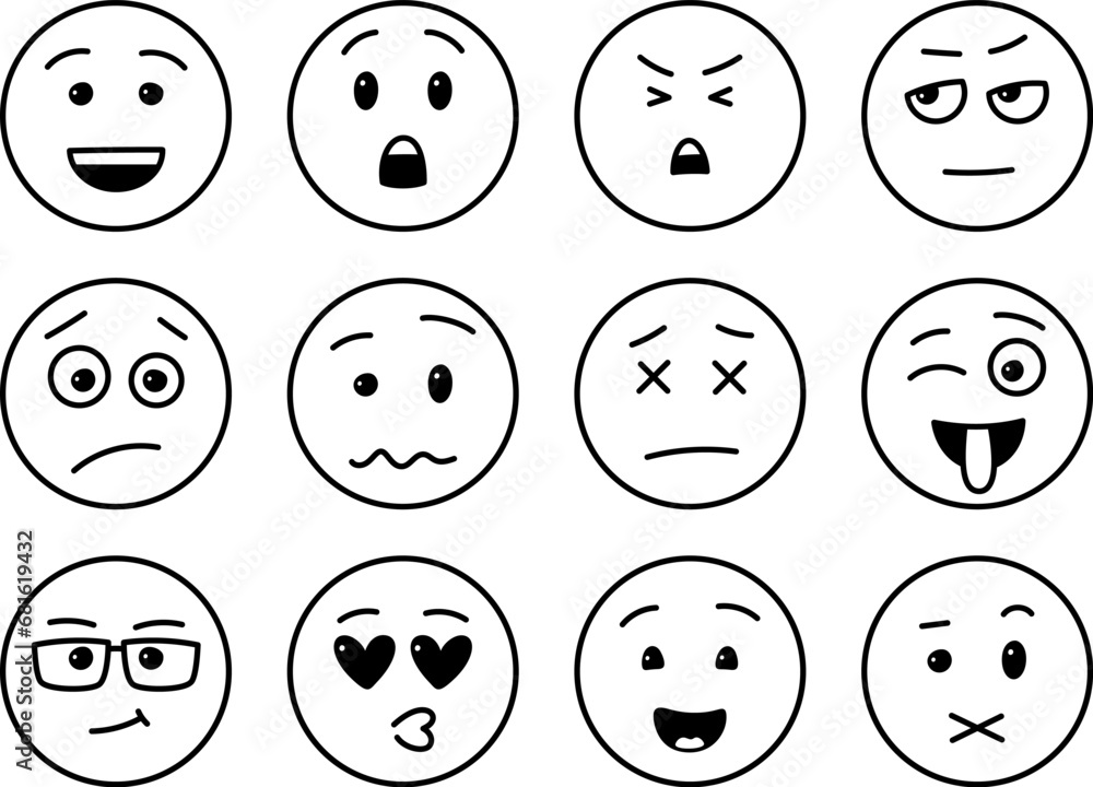 Set of funny outline emoji, abstract comic faces with various emotions in doodle style, vector emoticons - not expanded lines, isolated on the white background. Set of funny outline emoji, abstract comic faces with various emotions in doodle style, vector emoticons - not expanded lines, isolated on the white background.