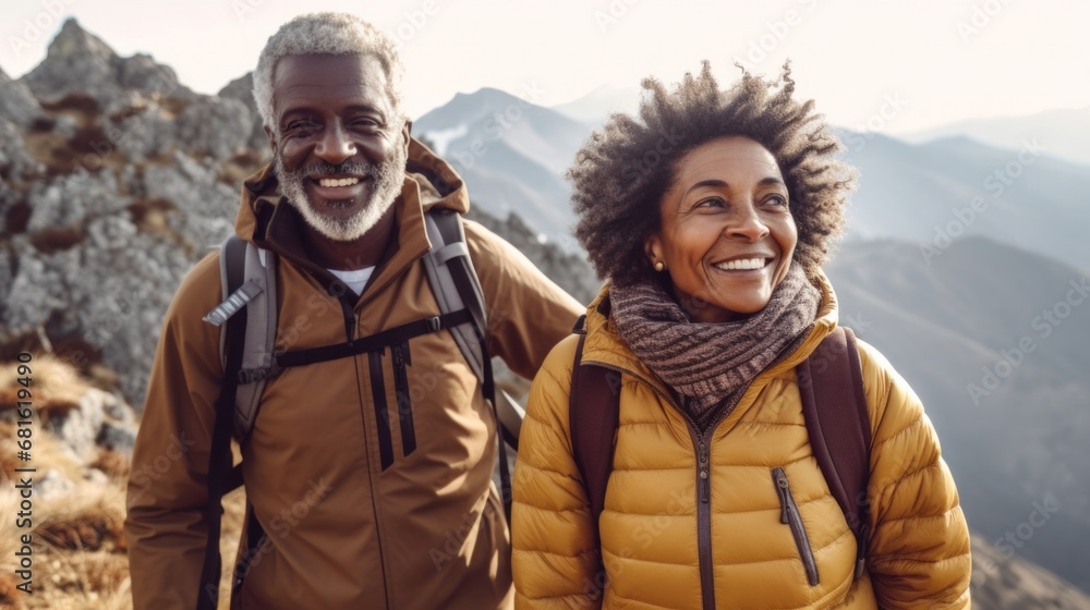 Elderly adventurers savoring a vacation hike in the mountains. Elderly adventurers savoring a vacation hike in the mountains.
