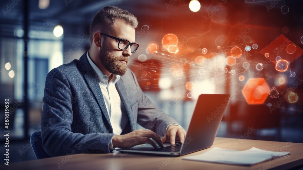 Businessman working on laptop in office with double exposure bokeh Businessman working on laptop in office with double exposure bokeh
