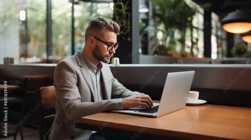 Young businessman in eyeglasses using laptop while sitting in cafe Young businessman in eyeglasses using laptop while sitting in cafe