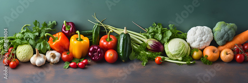 Layout of vegetables on a green background with space for text and design. © Мария Фадеева