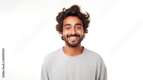A happy Indian man is isolated against a stark white background.