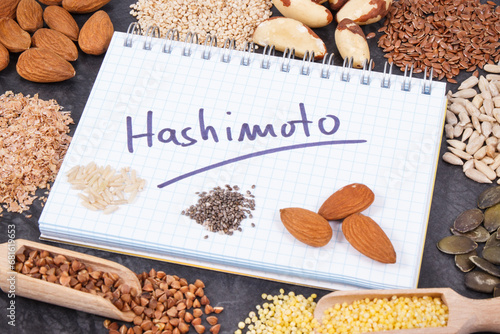 Notepad with inscription hashimoto and best ingredients or products for healthy thyroid. Food as source vitamins photo