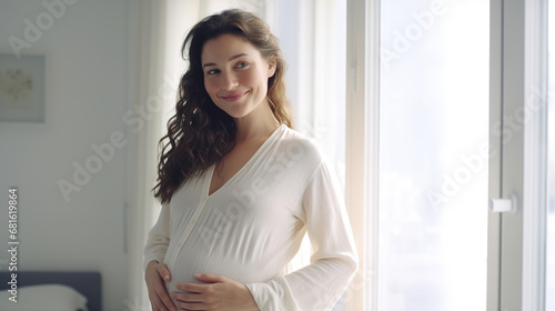 Happy expectant mother gazing out of a window, isolated against a stark white background