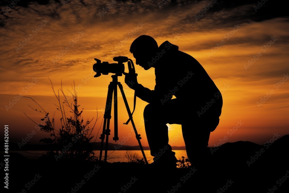  a silhouette of a man looking through a telescope with the sun setting in the distance in the distance in the distance is a tree and a body of water in the foreground.