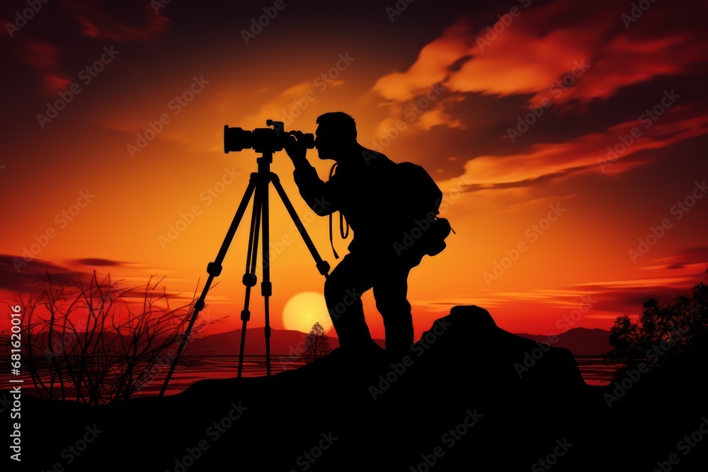  a man standing on top of a hill with a camera in front of a red and black sky with a sun setting behind him and a camera on a tripod.