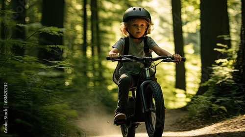 Kid riding a bike in the forest