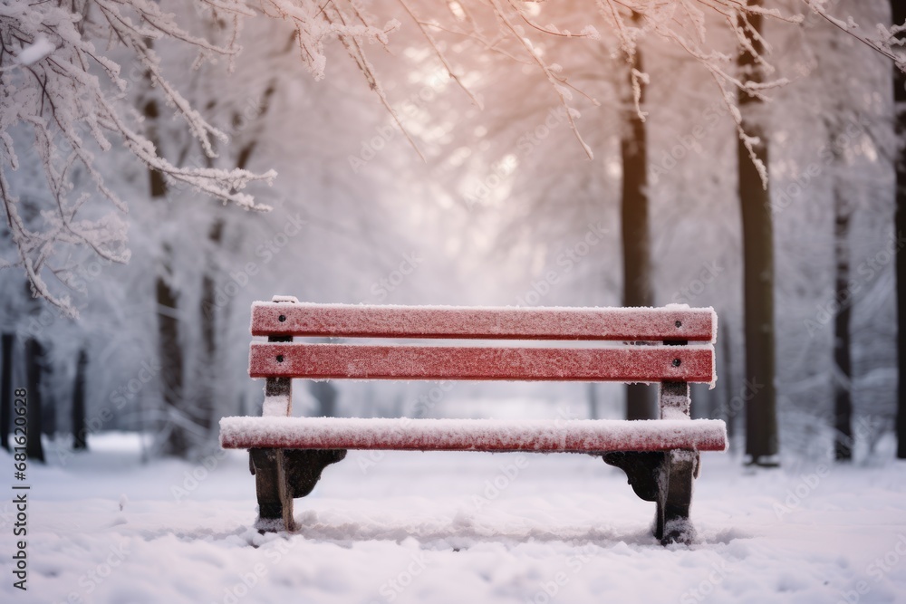  a red park bench sitting in the middle of a snow covered park with trees in the background and a sun shining through the branches of the trees in the distance.