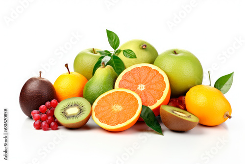 Assortment of winter fruits such as avocado, tangerines, kiwi, lemon, oranges and persimmons in a fruit isolated on white background