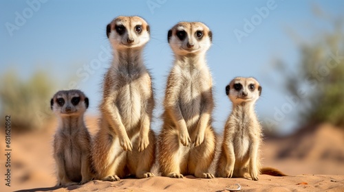 A family of meerkats on high alert, standing on their hind legs in the desert.