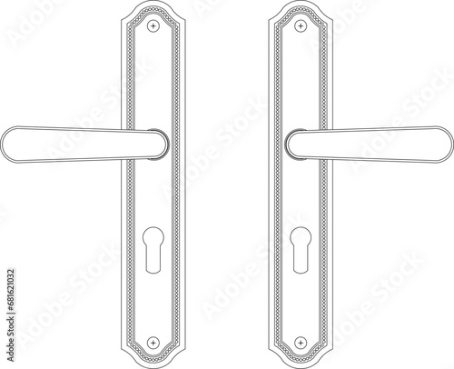 Door handle, true to scale, classic style, left and right, scalable, customizable. Architectural drawing.