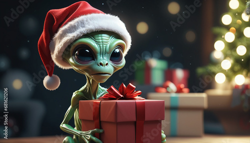 A little alien wearing a Santa hat is holding a large gift box, Generative Ai
 photo