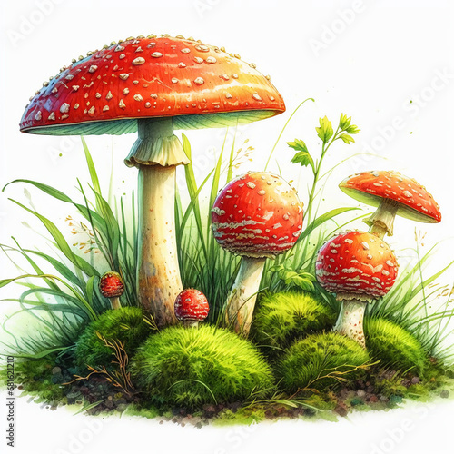 Mushroom mushroom red spotted a group. Generative AI.