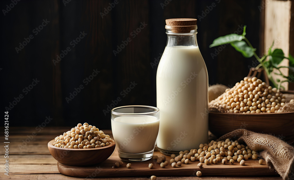 A bottle of soy milk and soy grains on a wooden table. A bottle of soy milk and soy grains on a wooden table.
