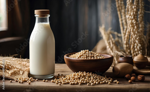 A bottle of soy milk and soy grains on a wooden table. photo