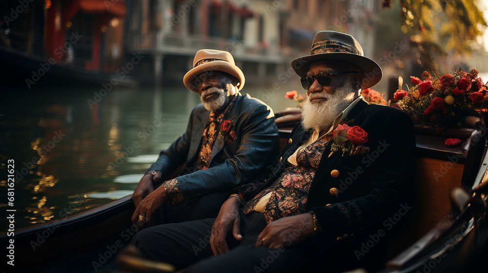 Generative ai elderly black men posing sitting gondola in venice canal - obrazy, fototapety, plakaty 