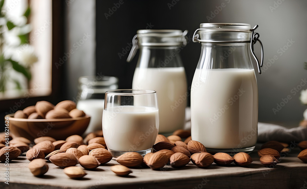 Organic almond milk in a jar and with almonds on modern table. Organic almond milk in a jar and with almonds on modern table.