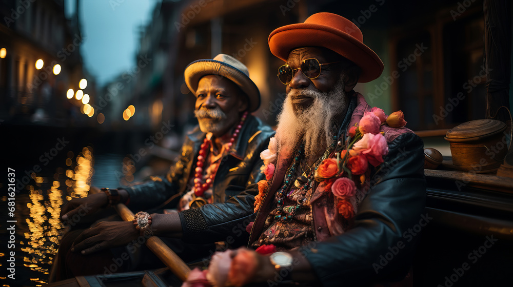 Generative ai elderly black men posing sitting gondola in venice canal Generative ai elderly black men posing sitting gondola in venice canal