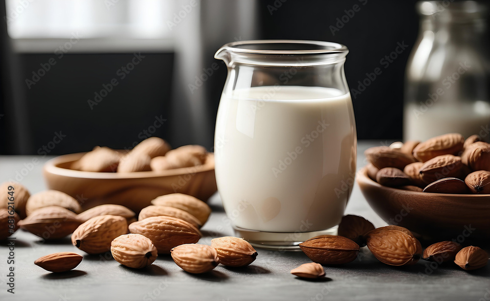 Organic almond milk in a jar and with almonds on modern table. Organic almond milk in a jar and with almonds on modern table.