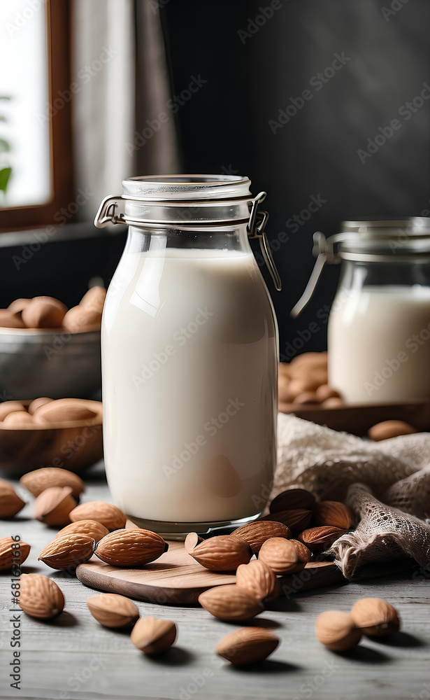 Organic almond milk in a jar and with almonds on modern table. Organic almond milk in a jar and with almonds on modern table.
