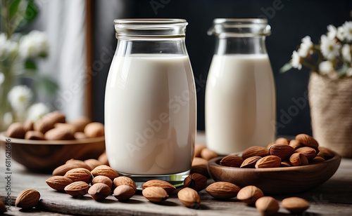 Organic almond milk in a jar and with almonds on modern table.