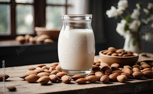 Organic almond milk in a jar and with almonds on modern table.