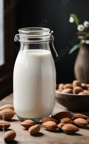 Organic almond milk in a jar and with almonds on modern table.