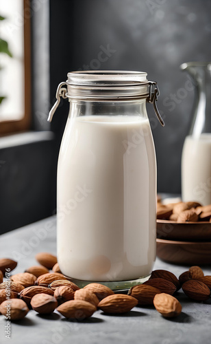 Organic almond milk in a jar and with almonds on modern table.