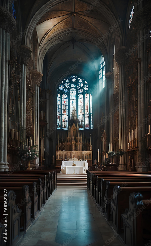 Fototapeta premium A cathedral interior with beautiful strain glass.